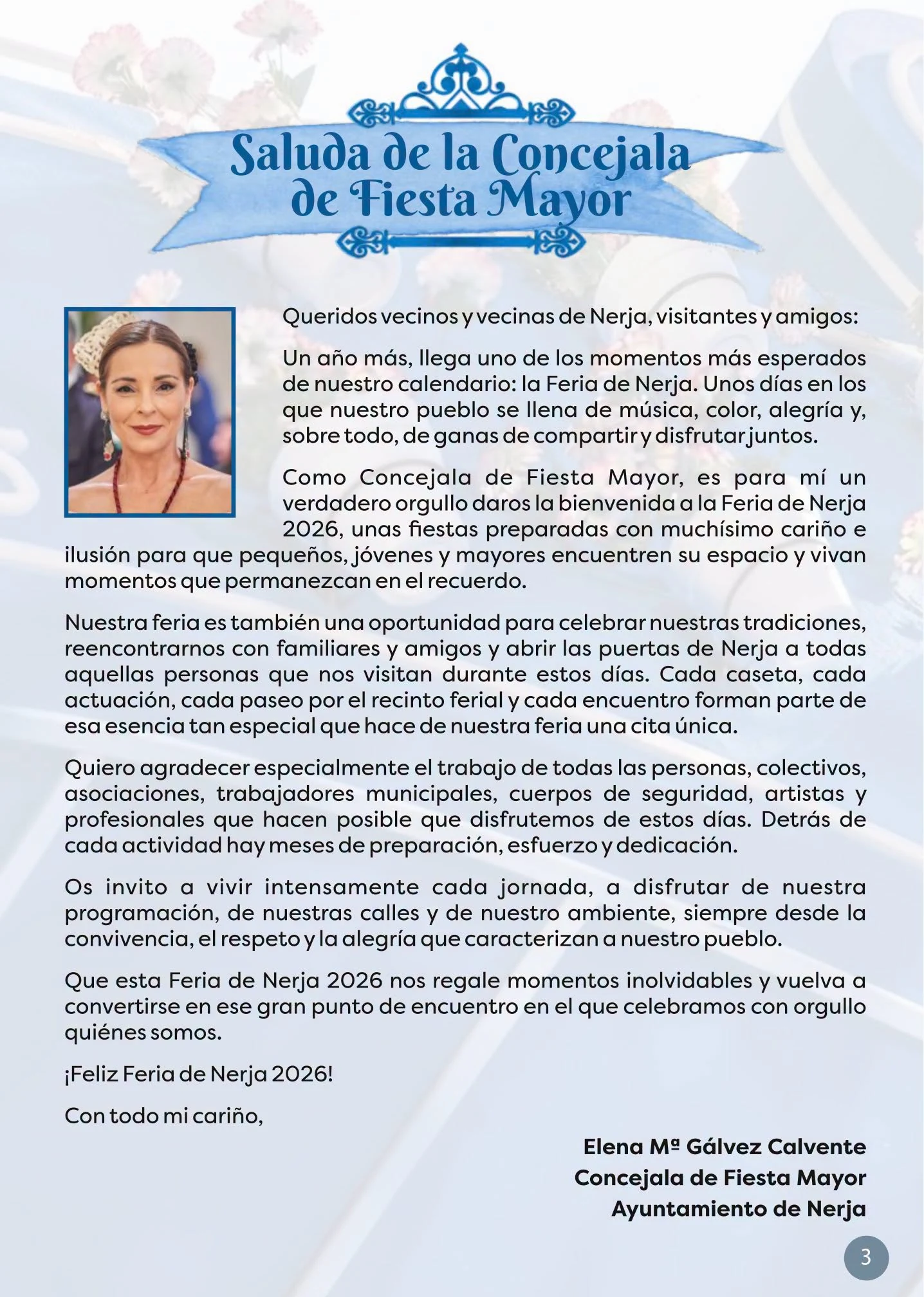 Saluda de Elena María Gálvez Calvente, concejala de Fiesta Mayor, para la Feria de Nerja 2026