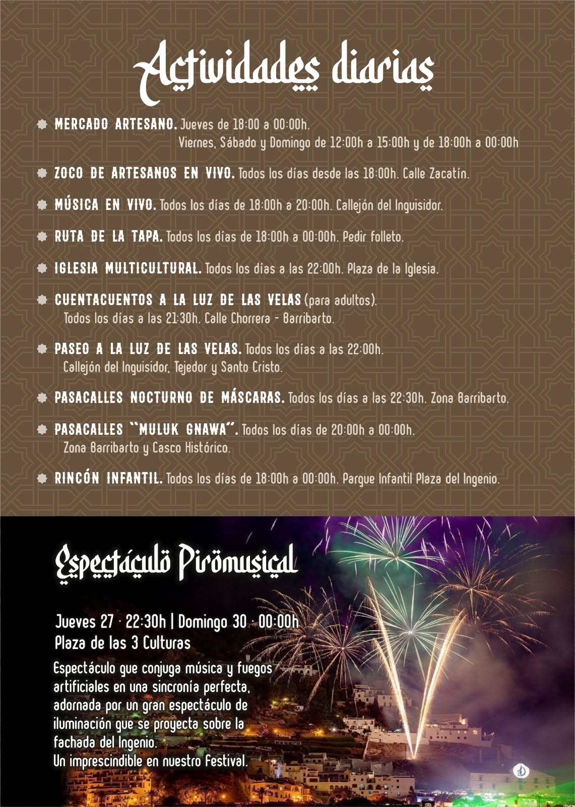 Actividades diarias y Espectáculo Piromusical